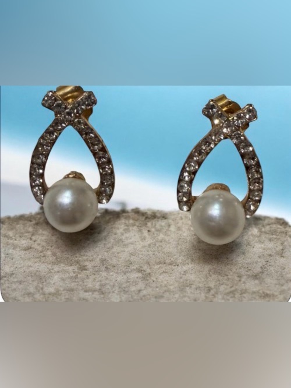 Gold-Tone Faux Pearl Drop Earrings with Stones Accents-Preowned